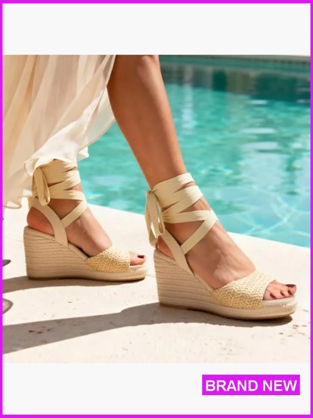 Espadrilles Wedge Sandals Square Toe Ankle Strap Lace Up Platform Summer Shoes